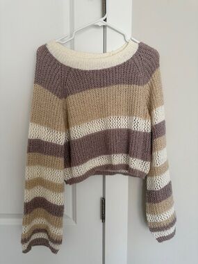 Pink Lily Striped Scoop-Neck Sweater in Cream, Taupe & Dusty Mauve